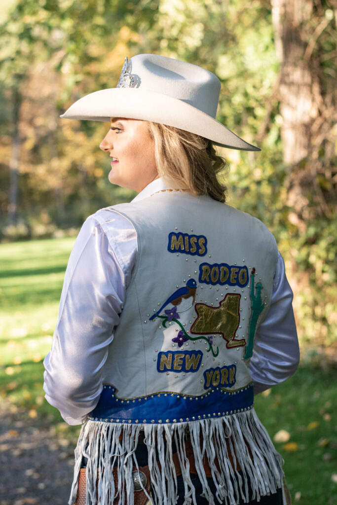 Miss Rodeo New York vest with bluebird, NYS outline, and Statue of Liberty on back.